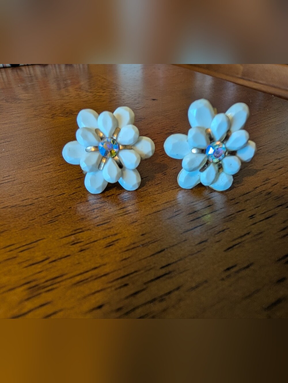 White Flower Cluster Clip-On Earrings with Iridescent Center